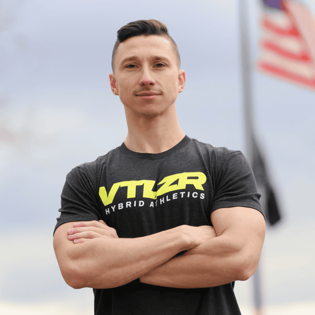 Derek Morgen, founder of VTLZR, wearing a VTLZR Hybrid Athletics shirt