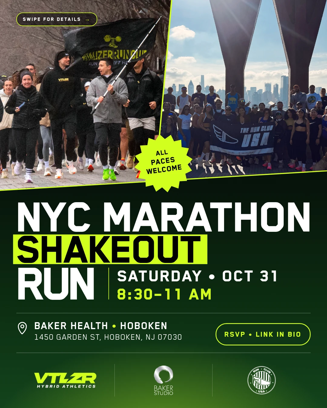 NYC Marathon Shakeout Run poster: Saturday Oct 31, 8:30–11 AM at Baker Health, Hoboken, with VTLZR runners crossing a Hoboken waterfront street